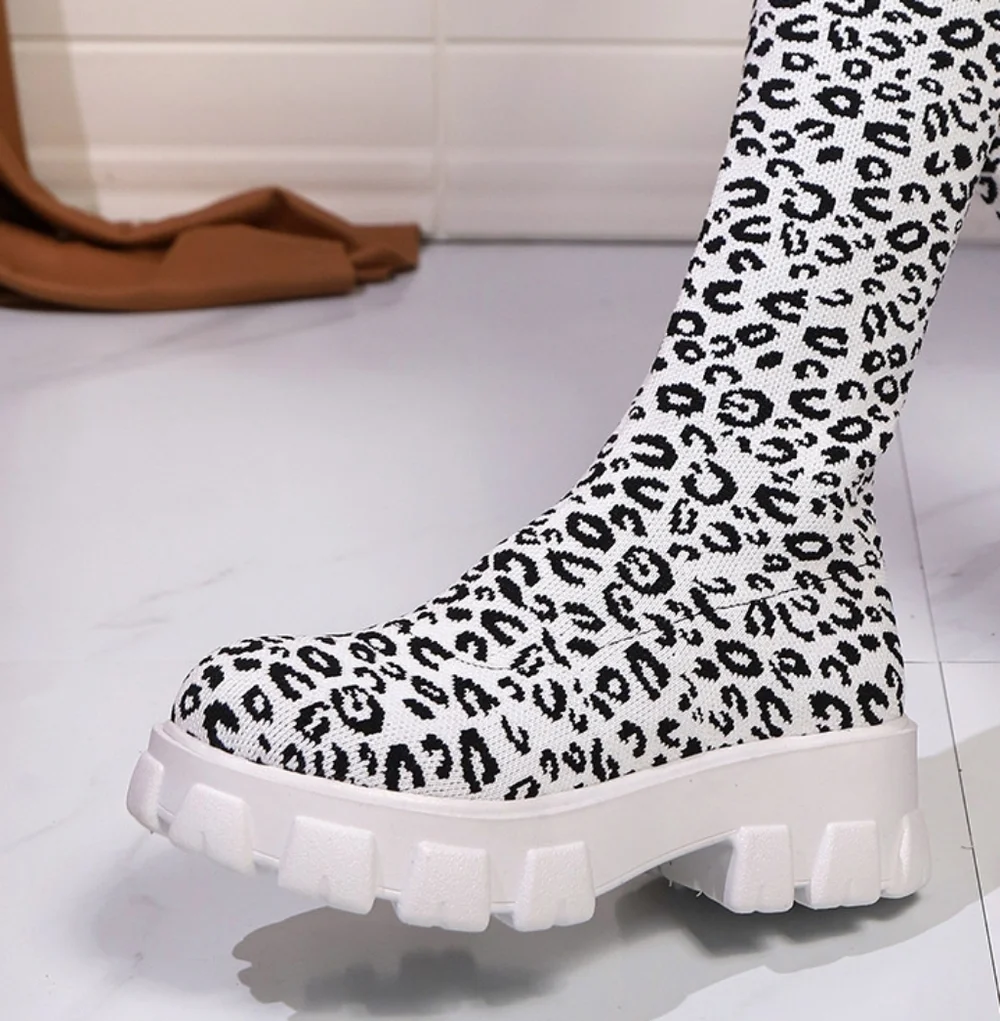 Leopard Chunky Platform Knee High Sock Boots Stretch Mesh Knit Block Heel Shoes